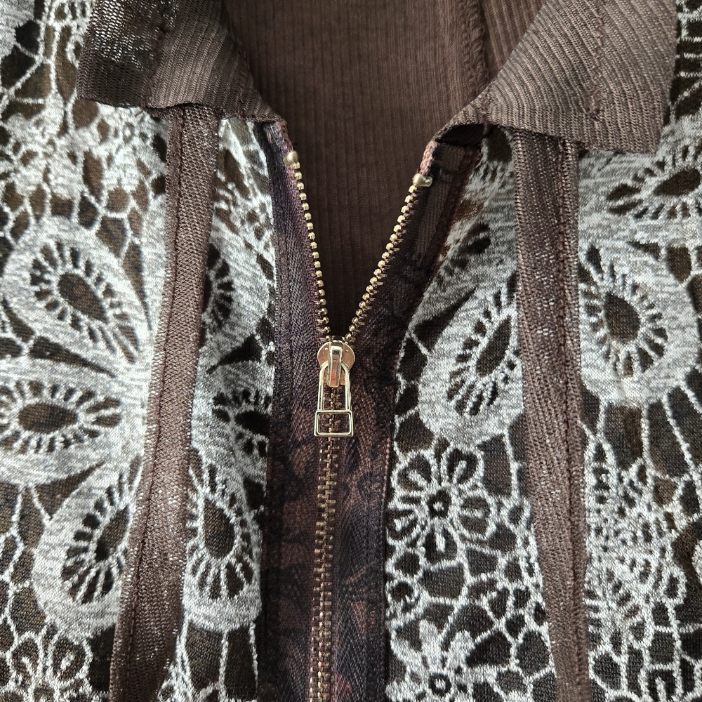 High Secret womens L Brown Mixed Media Zip up Boho Sweater - Picture 5 of 7